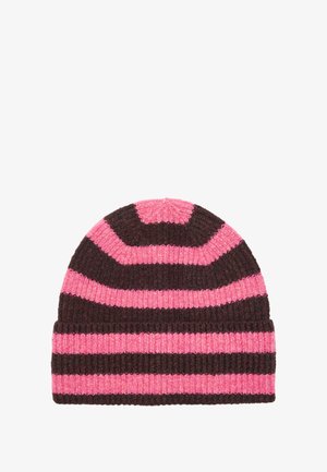 Czapkaka dzianinowa w paski, w ciemno brązowym i jasnoróżowym kolorze, z naprzemiennymi szerokimi i wąskimi paskami. Miękka faktura, z podwiniętą mankietem na dole.