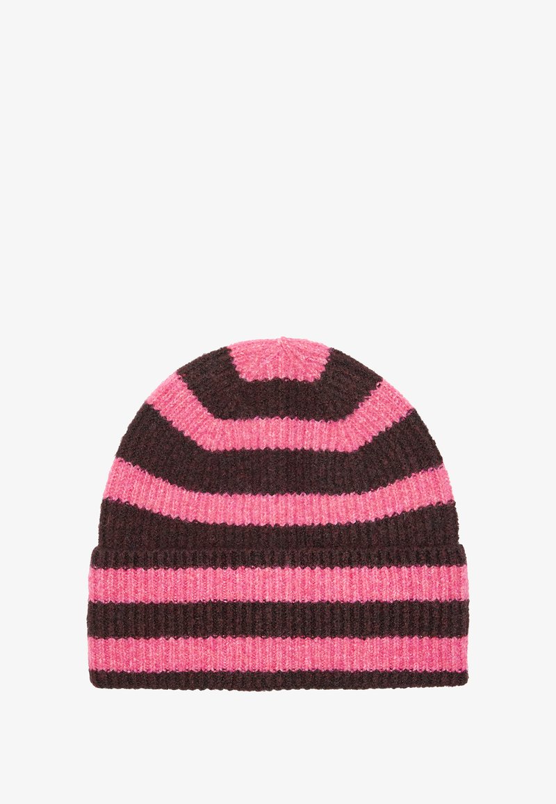 Czapkaka dzianinowa w paski, w ciemno brązowym i jasnoróżowym kolorze, z naprzemiennymi szerokimi i wąskimi paskami. Miękka faktura, z podwiniętą mankietem na dole.