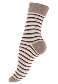 Calza a righe marrone e crema realizzata in materiale morbido, con bordo a coste, texture liscia e design della punta arrotondata.