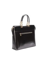 Fekete bőr kézitáska két felső fogóval, cipzáras felső résszel és első zsebbel. Arany színű fém díszítésekkel. Simogatott felület.