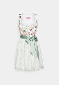 Robe sans manches avec corsage fleuri, jupe en dentelle blanche et ceinture taille en satin vert clair nouée en nœud à l'avant.