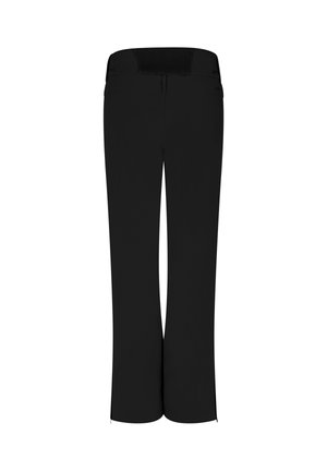 Schwarze Hose mit elastischem Bund, glattem Stoff, weitem Bein und seitlichen Reißverschlüssen am Saum für eine verstellbare Passform.