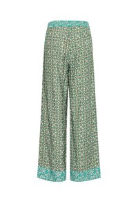Pantaloni a gamba larga realizzati in tessuto leggero, con un intricato motivo geometrico verde e turchese e una vita turchese uniforme.