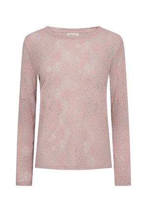 Lichtroze kanten top met lange mouwen, bloemenpatroon en ronde hals, ontworpen voor vrouwen.