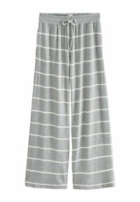 Pantaloni largi gri dintr-un material moale, cu dungi albe orizontale, talie elastică și șnur de închidere.