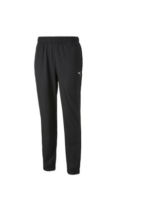 Schwarze Sporthosen mit elastischem Bund, schmal zulaufenden Beinen und gerafften Bündchen. Verfügt über ein kleines weißes Logo auf der linken Seite.
