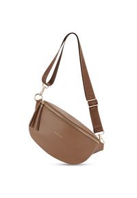 Borsa a tracolla in pelle marrone con una forma ovale elegante, zip dorata, dettaglio con frange e tracolla con logo per un indosso regolabile.
