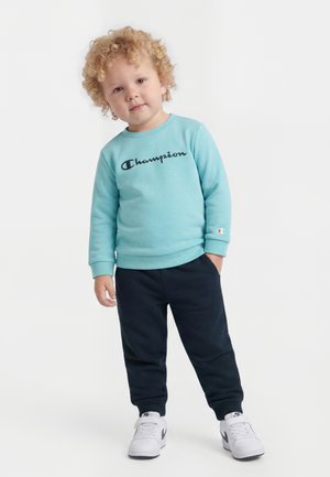 Malé dítě se světlými kudrnatými vlasy, oblečené v světle modré mikině Champion, tmavých kalhotách a bílých teniskách Nike, stojící na bílém pozadí.