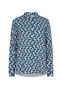Camisa de manga larga con un patrón geométrico en azul, negro, beige y blanco. Hecha de una tela suave con cuello y cierre de botones.