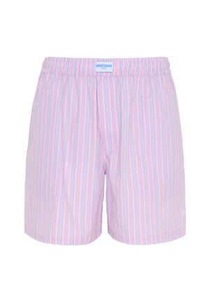 Rosa-weiß gestreifte Herren-Boxershorts mit elastischem Bund und kleinem blau-weißem Markenetikett vorne in der Mitte.