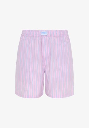 Rosa-weiß gestreifte Herren-Boxershorts mit elastischem Bund und kleinem blau-weißem Markenetikett vorne in der Mitte.