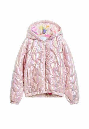 Quilted pink puffer jacket with a shiny, iridescent finish, featuring heart patterns, a front zipper, and a colorful star-patterned lining.