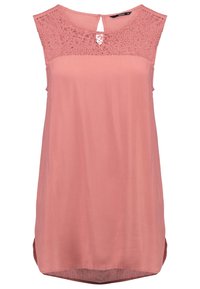 Top sans manches rose pâle avec empiècement en dentelle, encolure ronde et détail dos avec ouverture en forme de goutte. Tissu lisse et ourlet légèrement courbé.