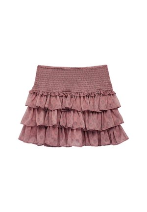 Rimpel mini rok in stofroze met een smock tailleband en gelaagd ontwerp. Voorzien van een bloemmotief op doorschijnende stof.