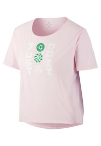 Light pink short-sleeve T-shirt made of Dri-FIT fabric, featuring a white and green "Just Do It" graphic and circular logos.