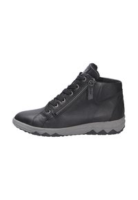 Schwarze Leder High-Top Sneaker mit vorderen Schnürsenkeln, einem seitlichen Reißverschluss und einer grauen Gummisohle mit Zickzackprofil.