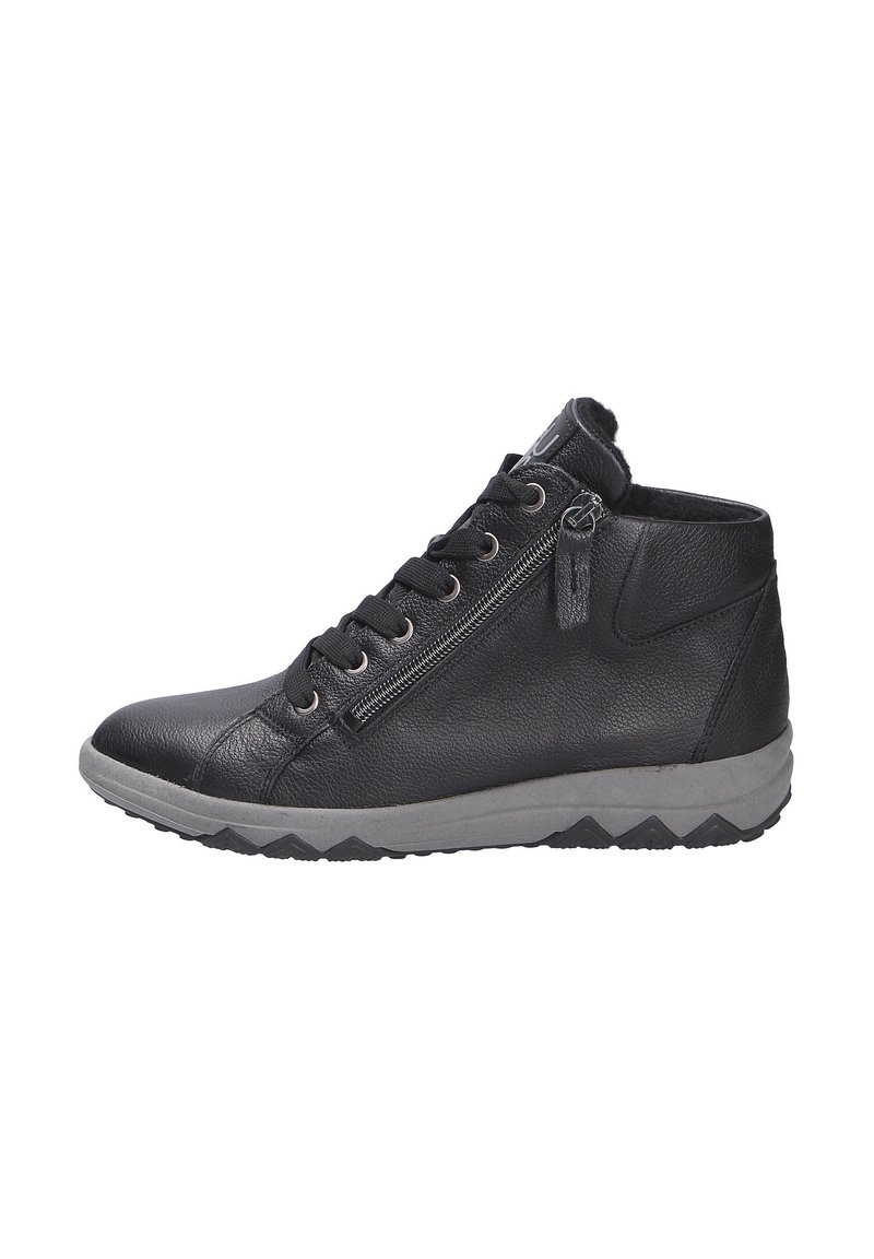 Schwarze Leder High-Top Sneaker mit vorderen Schnürsenkeln, einem seitlichen Reißverschluss und einer grauen Gummisohle mit Zickzackprofil.