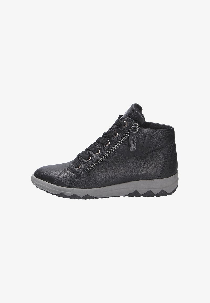 Schwarze Leder High-Top Sneaker mit vorderen Schnürsenkeln, einem seitlichen Reißverschluss und einer grauen Gummisohle mit Zickzackprofil.