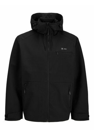 Veste à capuche noire avec fermeture éclair à l'avant, deux poches latérales zippées, poignets réglables et une petite poche poitrine zippée.