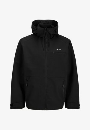 Veste à capuche noire avec fermeture éclair à l'avant, deux poches latérales zippées, poignets réglables et une petite poche poitrine zippée.