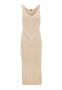 Beżowa, dziana, bezrękawnikowa sukienka midi z dekoltem w serek, wzorem w zygzaki i otwartymi akcentami dzianiny na dole. Gładki, teksturowany materiał.