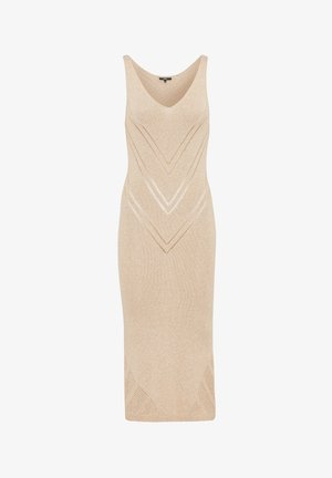 Beige, gestricktes, ärmelloses Midikleid mit V-Ausschnitt, Zickzackmuster und offenen Strickakzenten am Saum. Glattes, strukturiertes Gewebe.