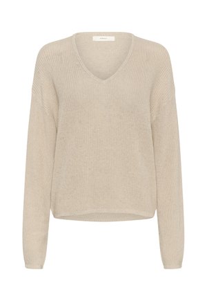 Beige long-sleeve knit sweater with V-neck, ribbed cuffs, and a slightly loose fit.