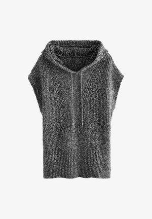 Šedá pletená bezrukávová mikina s výstřihem do V, texturovaná látka a šňůrkové detaily. Ribbený lem a kapuce, volný střih.