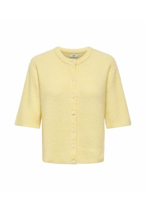 Cardigan en maille jaune clair à manches courtes, avec encolure arrondie et fermeture à boutons sur le devant.