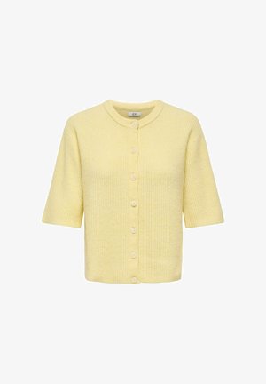 Cardigan en maille jaune clair à manches courtes, avec encolure arrondie et fermeture à boutons sur le devant.
