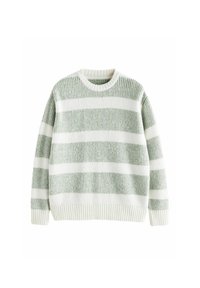 Knitted sweater in green and white horizontal stripes. Crew neck, ribbed cuffs and hem, and textured fabric. Casual fit.