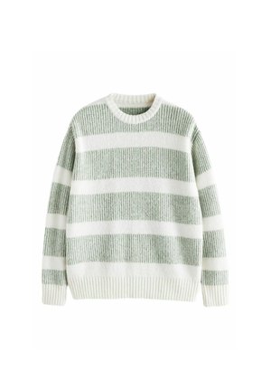 Gestickter Pullover in grün-weißen horizontalen Streifen. Rundhalsausschnitt, gerippte Bündchen und Saum sowie strukturiertes Material. Bequeme Passform.