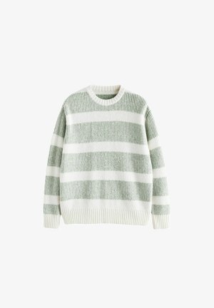 Pulover tricotat în dungi orizontale verzi și albe. Gât rotund, mansete și tiv cu tiv, și țesătură texturată. Croi casual.