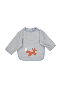 Textured long-sleeve bib in blue and white stripes, featuring an embroidered orange fox design with a white tail. Rounded neckline and snap closure.