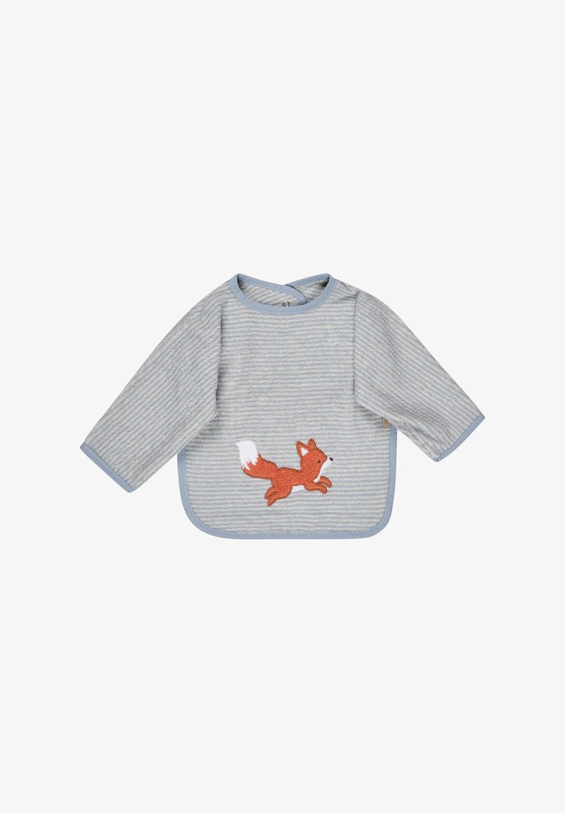 Textured long-sleeve bib in blue and white stripes, featuring an embroidered orange fox design with a white tail. Rounded neckline and snap closure.