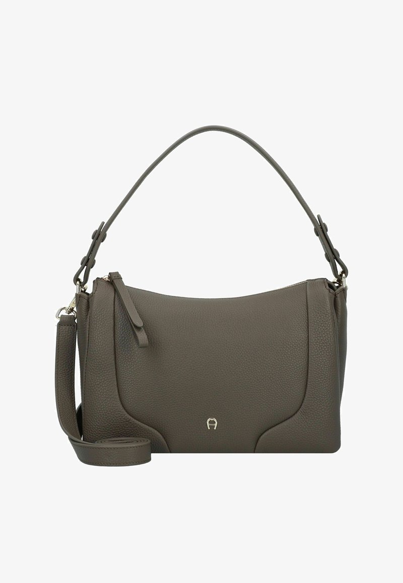 Borsa a tracolla in pelle grigia con una texture liscia, dotata di manico superiore curvo, tracolla regolabile e dettagli del logo discreti sulla parte anteriore.