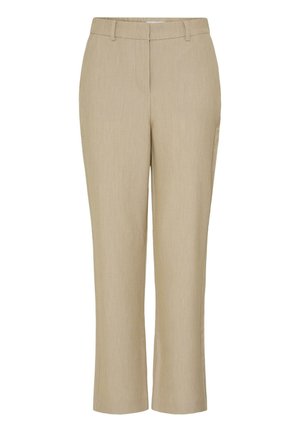 Khaki trousers made of a textured fabric, featuring a straight fit, side pockets, and a clean waistband without embellishments.