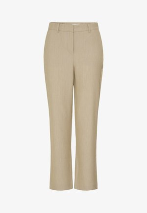 Khaki trousers made of a textured fabric, featuring a straight fit, side pockets, and a clean waistband without embellishments.