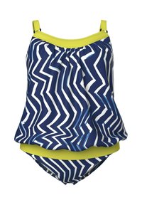 Navy sininen tankini-uimapaita, jossa on valkoinen siksak-kuvio, ja siinä on kirkas keltainen olkaimi ja alaosa. Valmistettu kevyestä, joustavasta kankaasta.