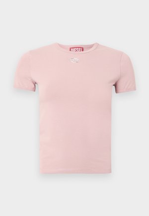 Light pink short-sleeve Diesel T-shirt with round neck and small silver logo plate centered below neckline.
