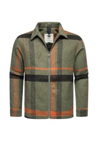 Green plaid jacket with orange and black lines, zip closure, collared neck, and soft, textured fabric. Features side pockets.