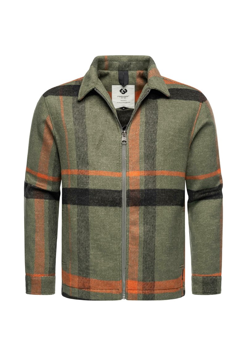 Green plaid jacket with orange and black lines, zip closure, collared neck, and soft, textured fabric. Features side pockets.