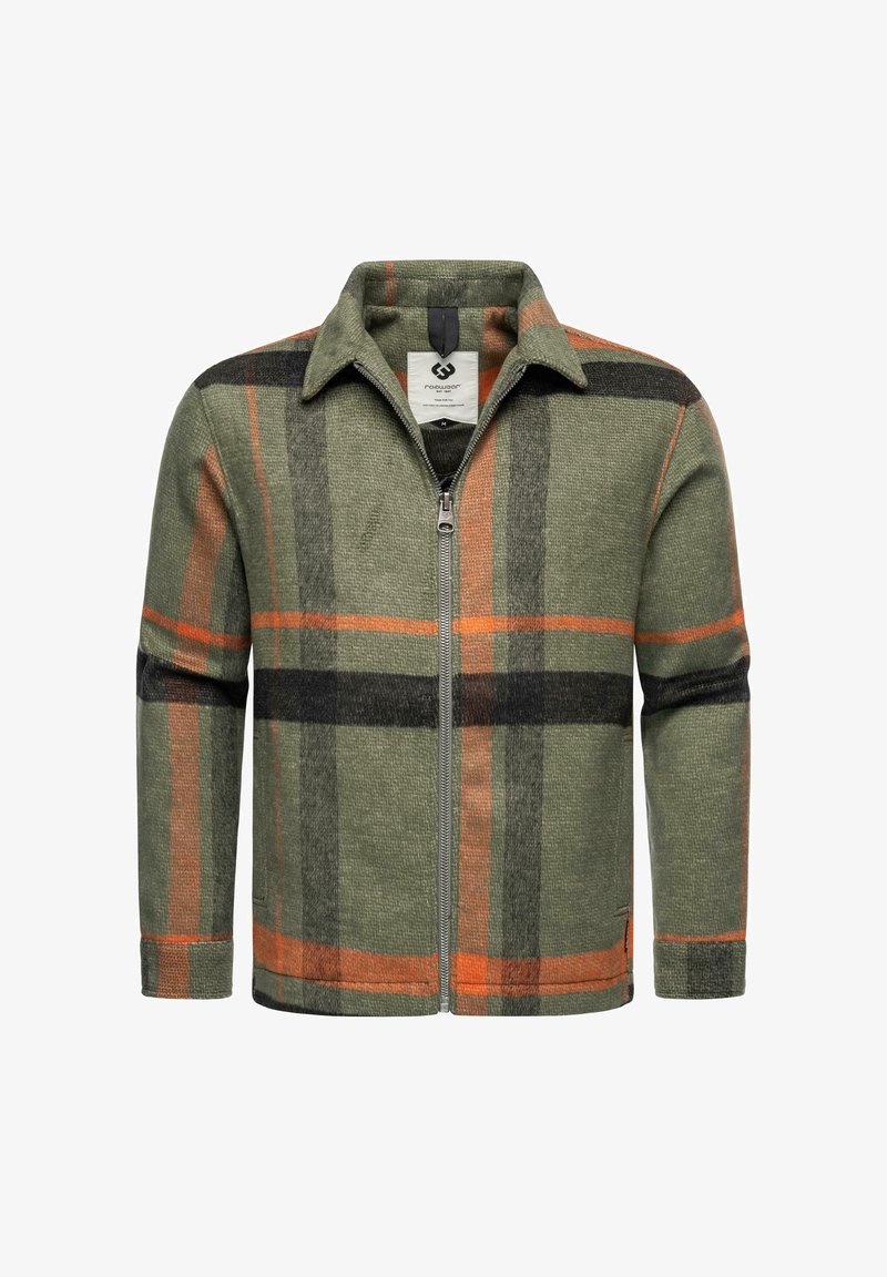 Jachetă verde cu carouri, cu linii portocalii și negre, închidere cu fermoar, guler și țesătură moale, texturată. Dispune de buzunare laterale.