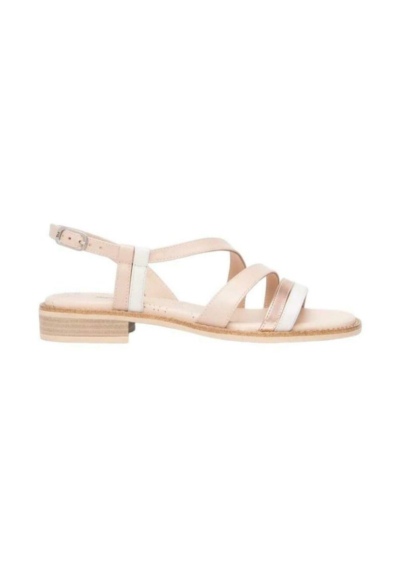 Sandal in pelle di colore rosa chiaro con accenti bianchi, design aperto, dettagli con fasce incrociate e tacco basso impilato.