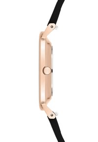 Roségouden metalen horloge met een slanke, ronde kast, zilveren kroon en zwart leren band, met een gladde oppervlakte en minimalistisch ontwerp.