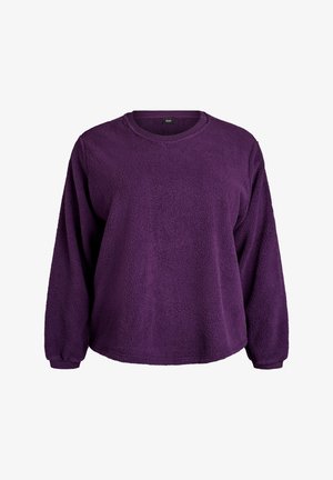 Vijoličen flis pulover z dolgimi rokavi, okroglim izrezom in mehko teksturo. Ima sproščen kroj in voden rob.