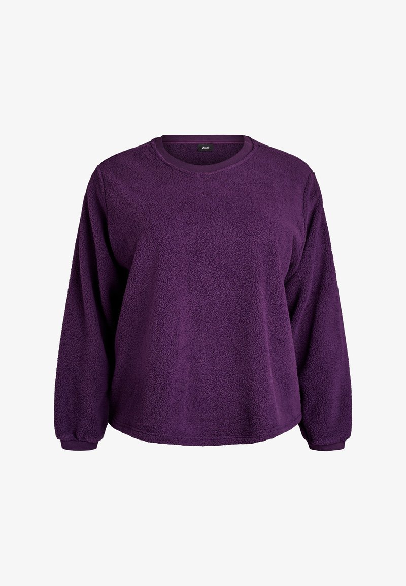 Fialová flísová mikina s dlhými rukávmi, okrúhlym výstrihom a mäkkou textúrou. Má voľný strih a prešité lemy.