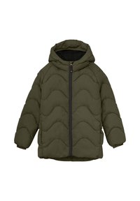 Giacca a vento verde oliva con cappuccio e zip nera. Caratterizza un motivo a onde e polsini elastici. Tessuto trapuntato per il calore.