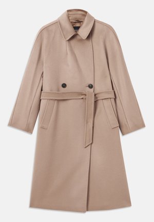 Beige wollen blend jasje met een kraag, dubbele knoopsluiting, tailleband en brede mouwen, voorzien van twee knopen en een zachte structuur.