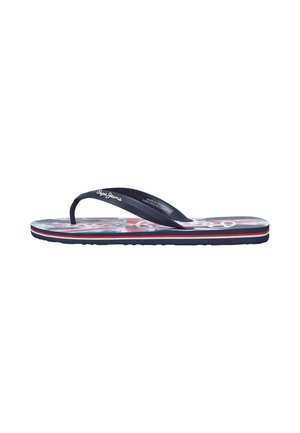 Tongs en caoutchouc avec une bande marine et une semelle texturée. Comprend un semelle intérieure colorée avec un motif rouge et blanc.